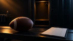 American Football vor einem leeren Spind mit unbeschrifteter Kaderliste