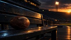 American Football auf einer leeren Stadionbank im warmen Licht