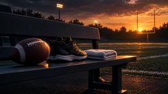 Football und Trainingsausrüstung auf einer leeren Bank am Spielfeld