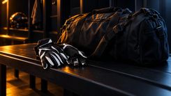 Receiver-Handschuhe und Sporttasche auf einer dunklen Umkleidebank