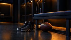 Football-Schuhe und ein Football neben einer leeren Umkleidebank