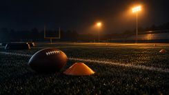 Football und Trainingshütchen auf einem leeren, beleuchteten Trainingsplatz