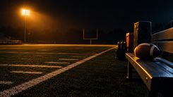 Football auf einer Bank am leeren Spielfeld unter bernsteinfarbenem Flutlicht