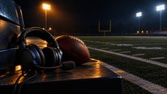 Football und Trainer-Headset an einer beleuchteten Seitenlinie bei Nacht