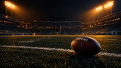 Football auf dem Rasen eines leeren Stadions im warmen Flutlicht