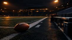 Ein American Football an einer leeren Seitenlinie im nächtlichen Stadion.