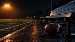 Football neben einer leeren Bank am beleuchteten Trainingsfeld
