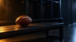 Ein Football auf einer leeren Bank in einer dunklen Umkleide