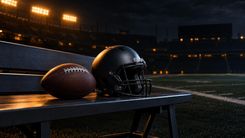 Football und neutraler Helm auf einer leeren Bank am Spielfeldrand