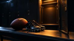 Football und Footballschuhe auf einer Bank vor einem leeren Spind