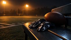 Football und Receiver-Handschuhe auf einer Bank am leeren Trainingsplatz im Flutlicht