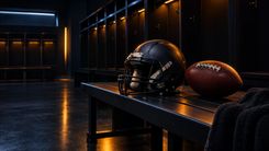Neutraler Footballhelm und Football auf einer Bank in einer dunklen Umkleidekabine.