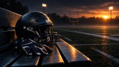 Football-Helm und Fanghandschuhe auf einer Bank im warmen Flutlicht