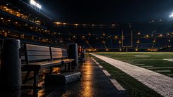 Leere Sitzplätze und Trainingspolster an einer Football-Seitenlinie im Flutlicht
