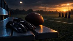 Football und Receiver-Handschuhe auf einer Bank am leeren Trainingsfeld