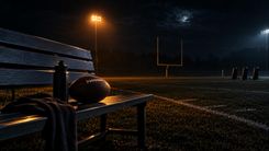 Football auf einer leeren Bank am beleuchteten Trainingsfeld