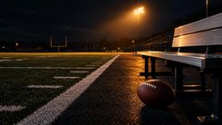 Football neben einer leeren Seitenlinienbank unter Flutlicht