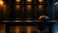 American Football auf einer leeren Bank vor dunklen Ausrüstungsfächern