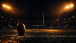 American-Football auf einem Kicking-Tee vor beleuchteten Torpfosten
