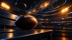 Football vor dunkler Sternenkulisse und warmem Stadionlicht