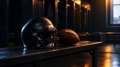 Logofreier Football-Helm und Football auf einer leeren Bank im warmen Seitenlicht