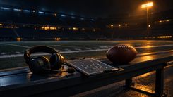 Headset, Spielzugbrett und Football auf einer leeren Bank am Spielfeldrand