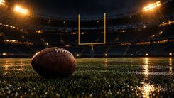 Football auf nassem Rasen vor Torstangen im beleuchteten Stadion
