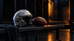 Football und neutraler Helm auf einer Umkleidebank im warmen Licht