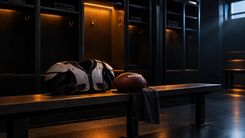 Football und Schulterpolster auf einer Bank in einer dunklen Umkleide