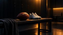 Football und Sportschuhe auf einer Bank in einer dunklen Umkleide