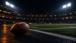 Unmarkierter Football am Spielfeldrand eines beleuchteten Stadions bei Nacht