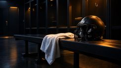Schwarzer Football-Helm und weißes Handtuch auf einer leeren Bank in einer Umkleide