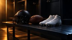 Schwarzer Footballhelm, Football und weiße Footballschuhe auf einer dunklen Umkleidebank