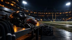 Football, schwarzer Helm und Handschuhe auf einer Bank am beleuchteten Spielfeldrand