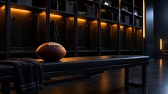 American Football auf einer leeren Umkleidebank vor offenen Spinden