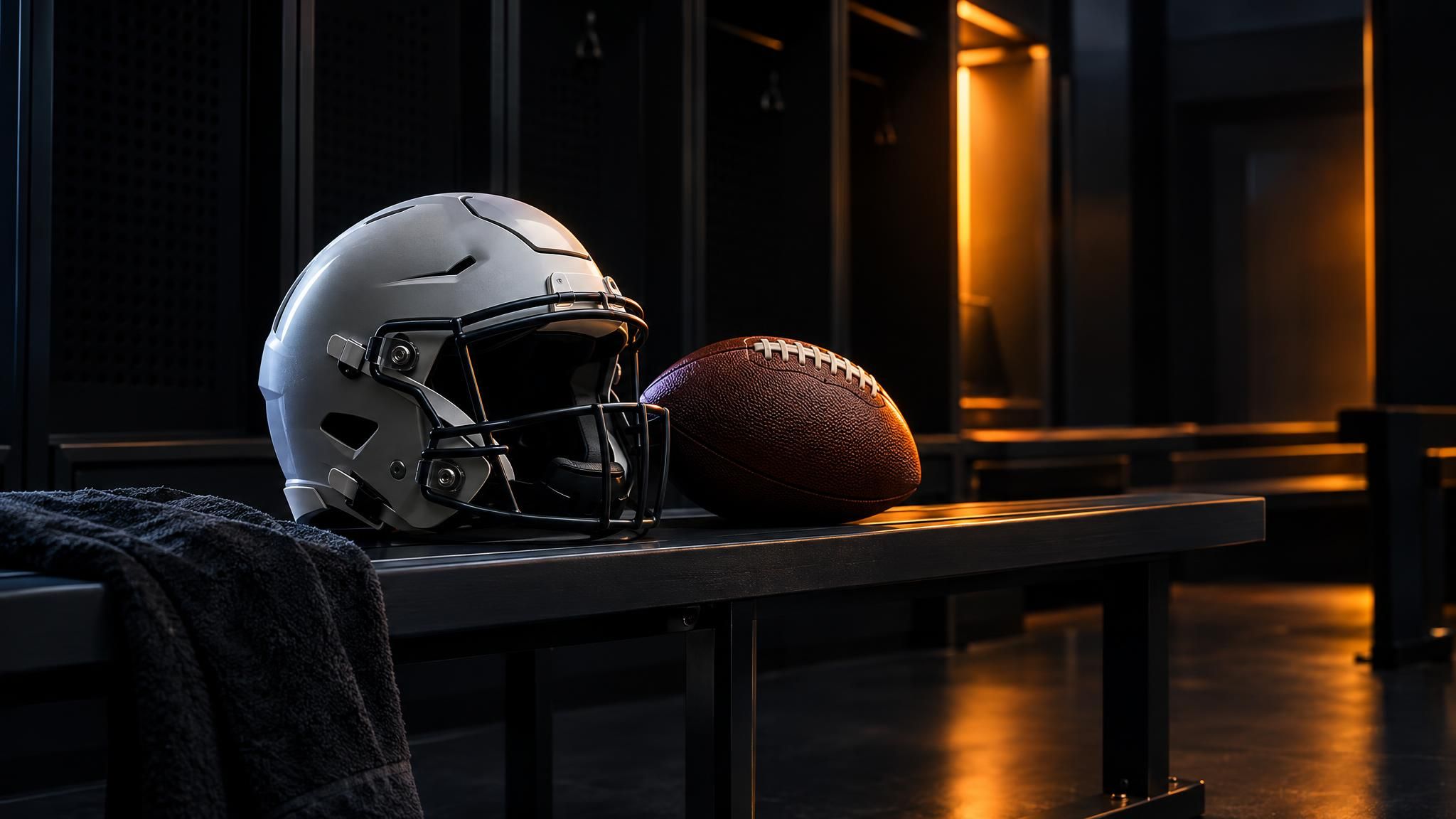 Football und neutraler Helm auf einer Umkleidebank im warmen Licht