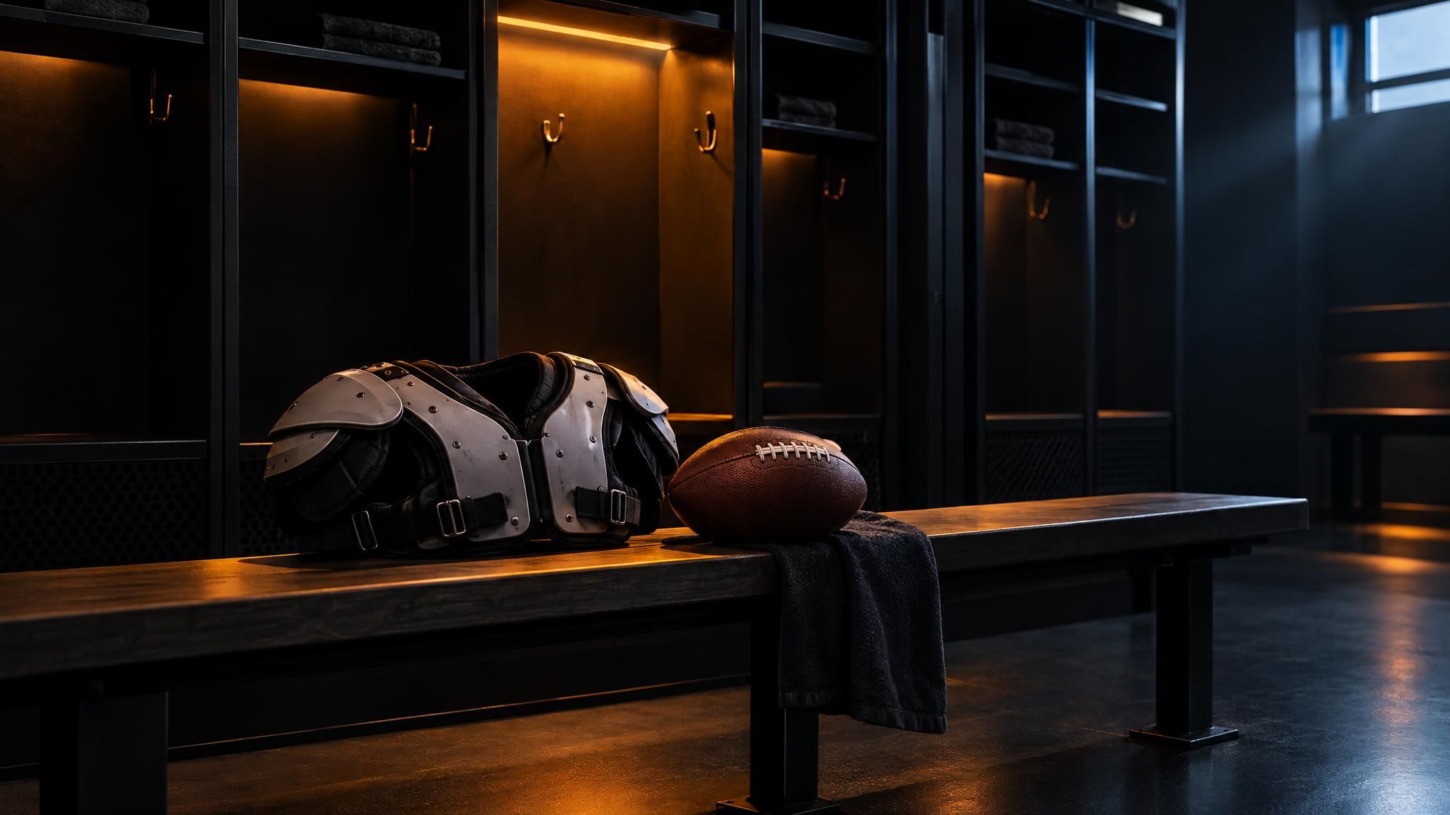 Football und Schulterpolster auf einer Bank in einer dunklen Umkleide