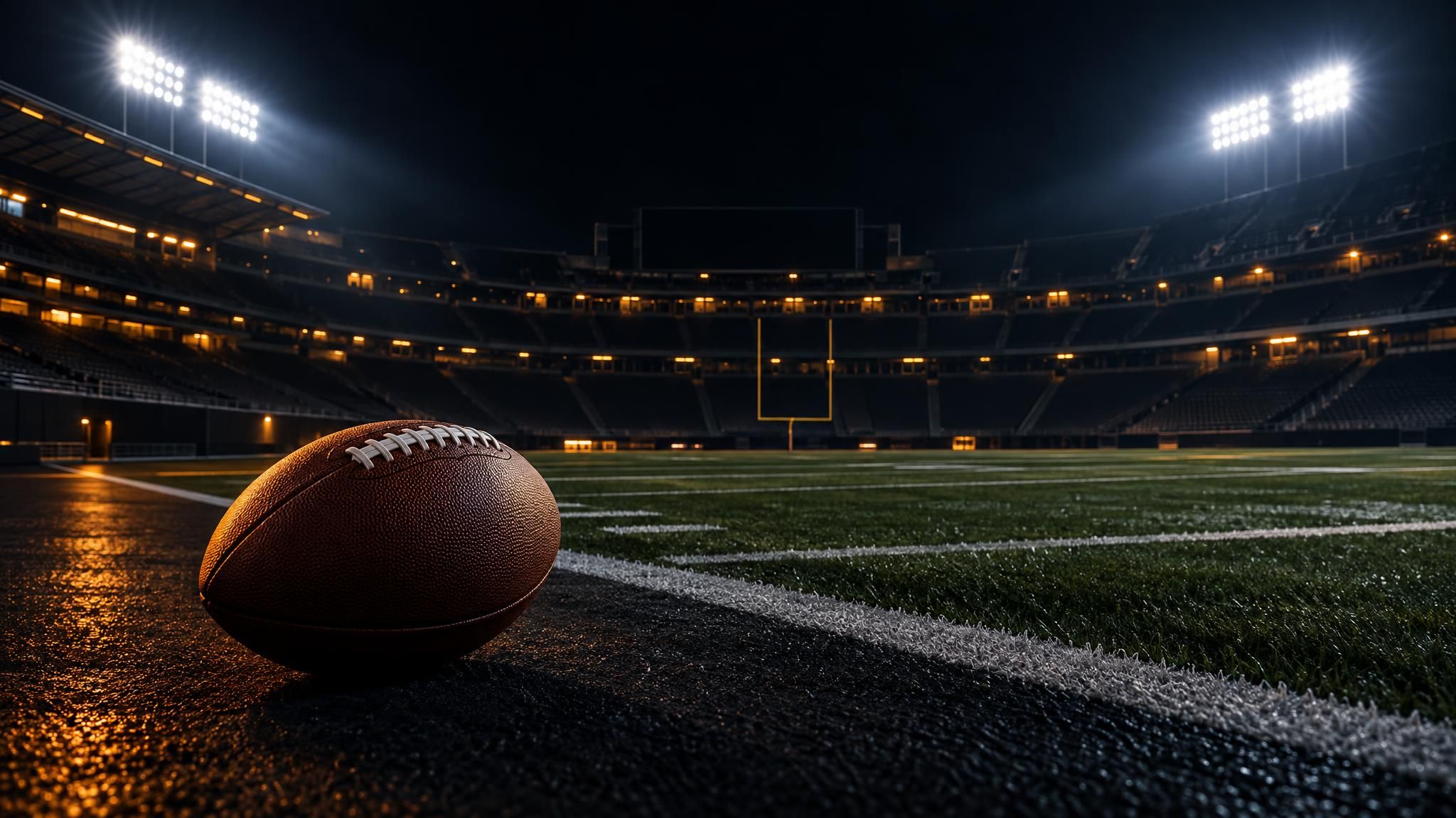 Unmarkierter Football am Spielfeldrand eines beleuchteten Stadions bei Nacht