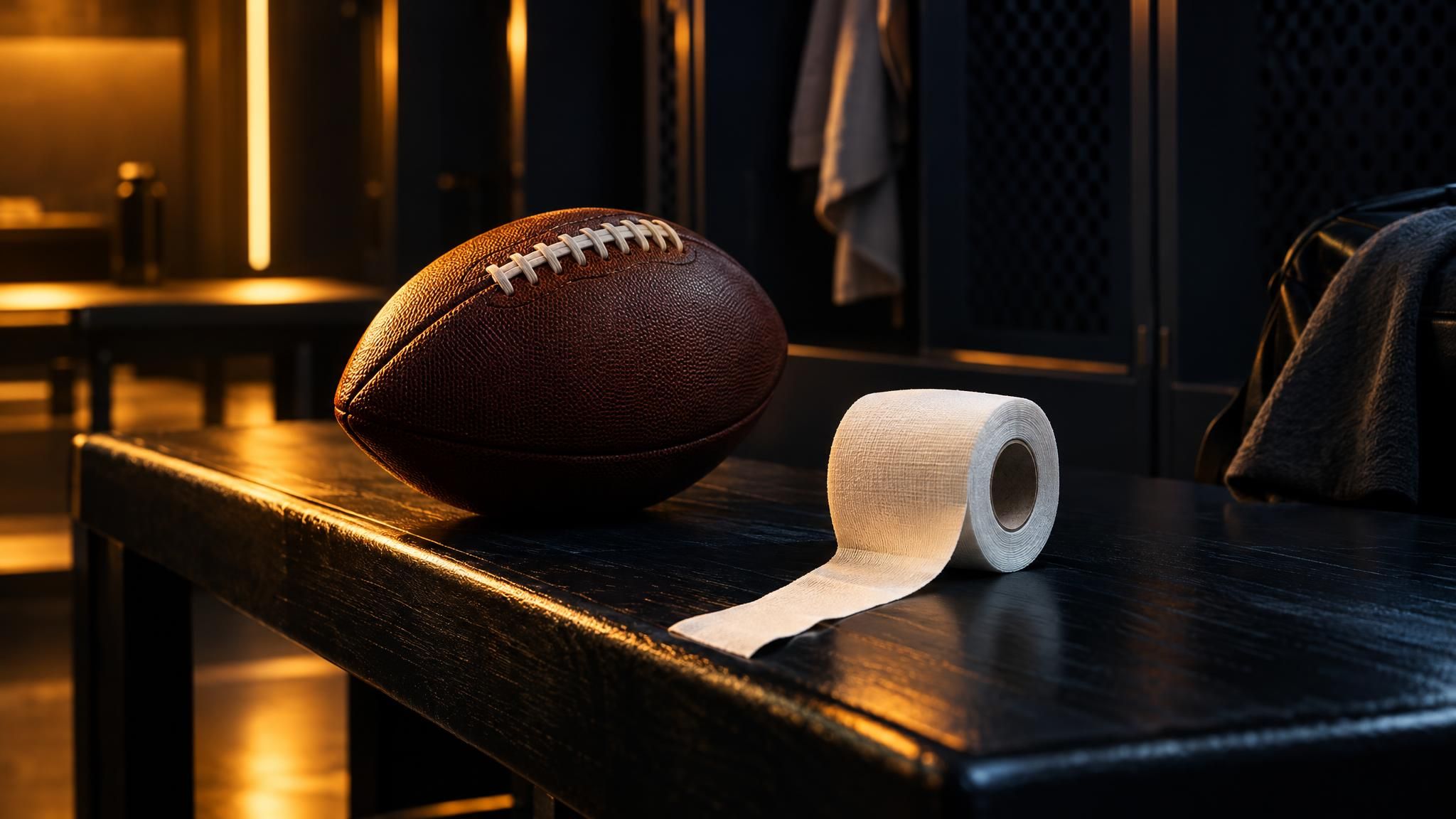 American Football und weißes Sporttape auf einer dunklen Bank