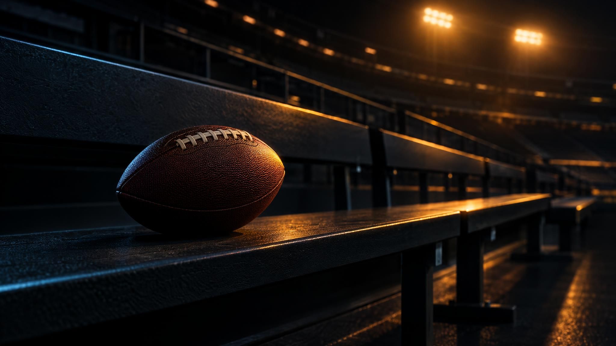 American Football auf einer leeren Stadionbank im warmen Licht