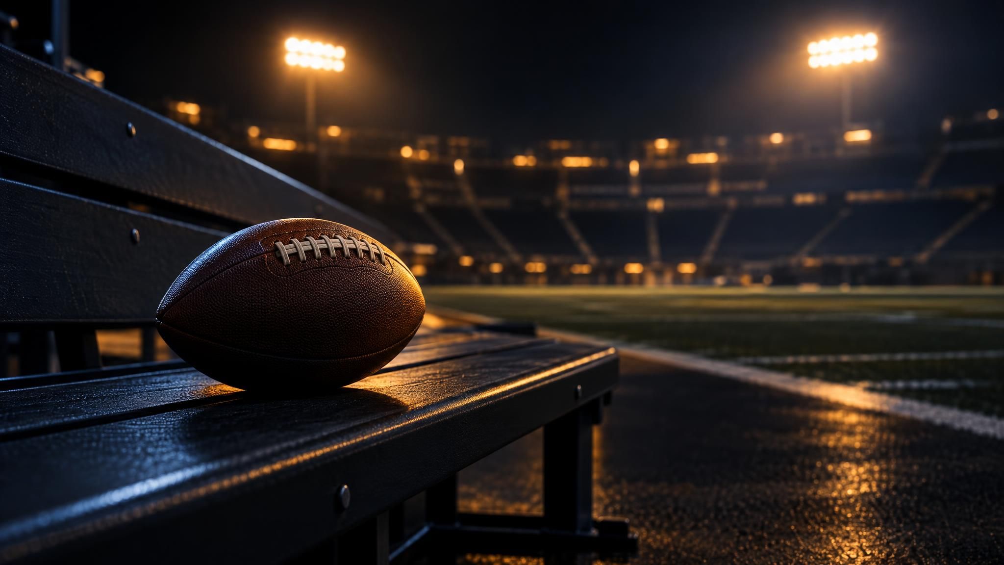 American Football auf einer leeren Bank vor unscharfem Stadionlicht