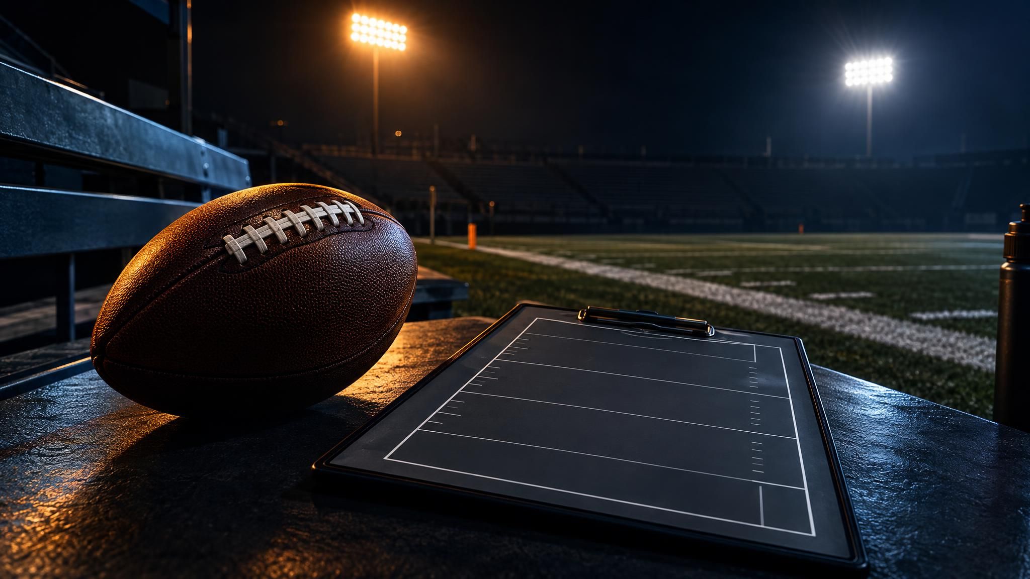 Football neben einer Taktiktafel an einer leeren Seitenlinie im Flutlicht