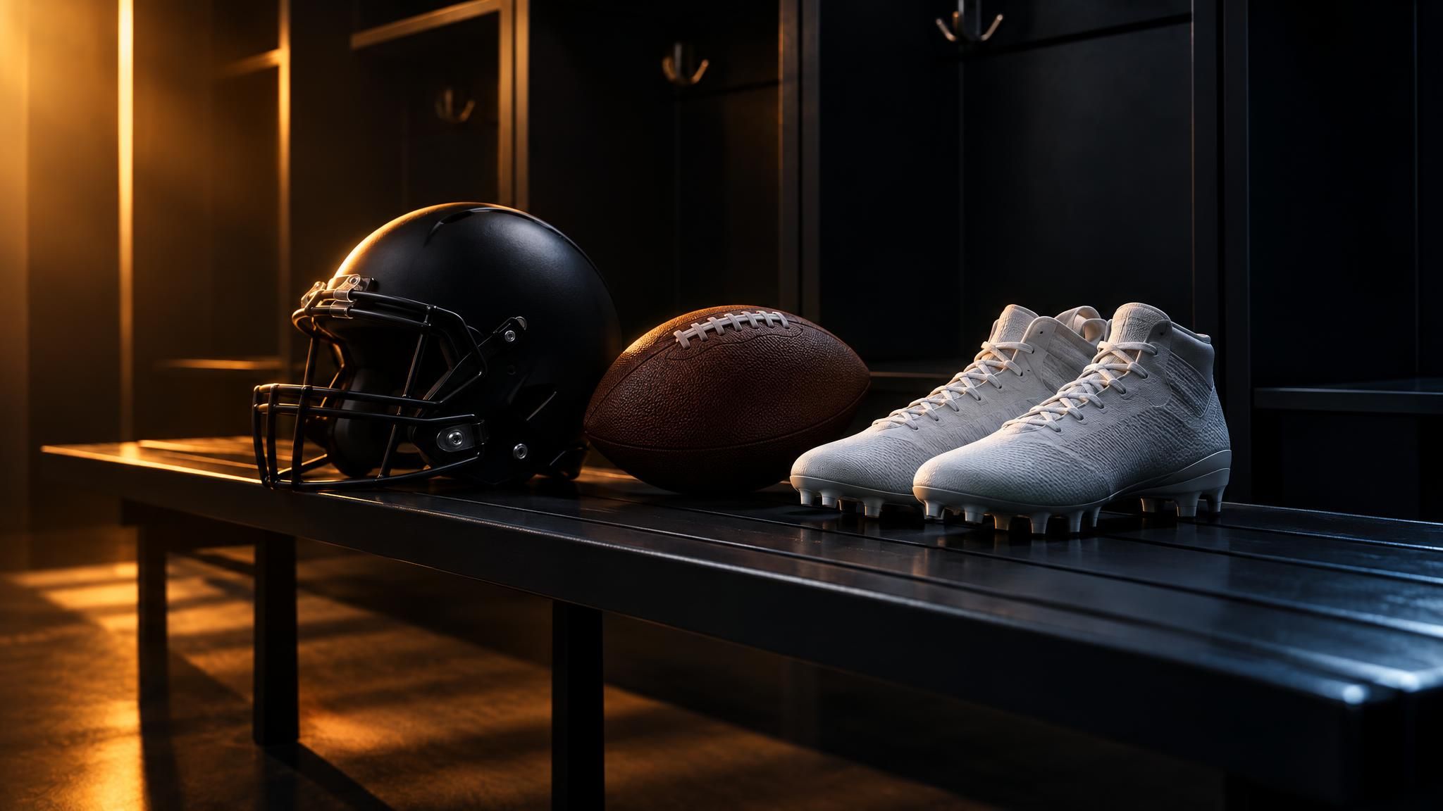 Schwarzer Footballhelm, Football und weiße Footballschuhe auf einer dunklen Umkleidebank