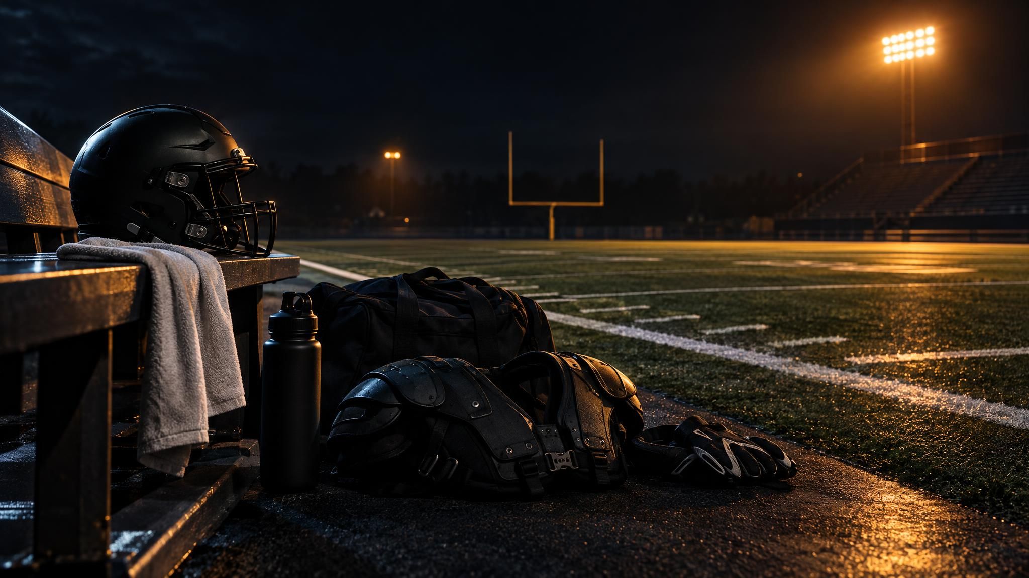 Footballhelm und Trainingsausrüstung am Rand eines leeren Spielfelds bei Nacht
