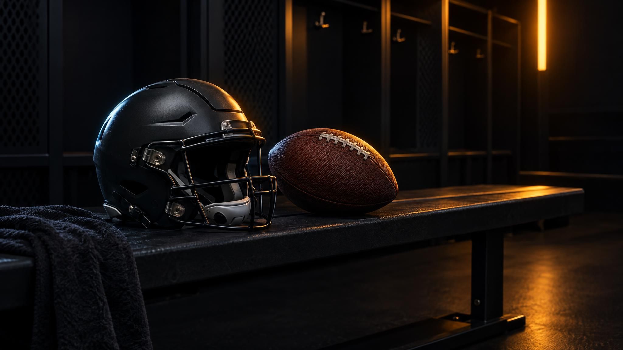 Football und neutraler Helm auf einer dunklen Umkleidebank