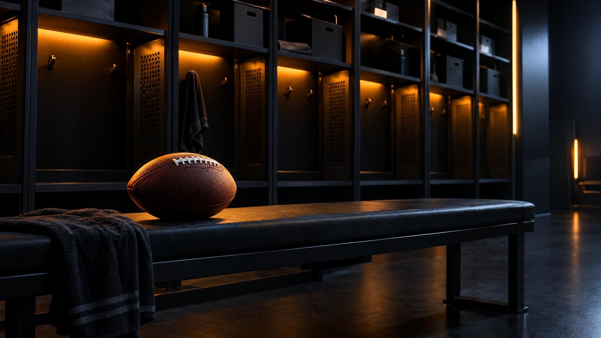 American Football auf einer leeren Umkleidebank vor offenen Spinden